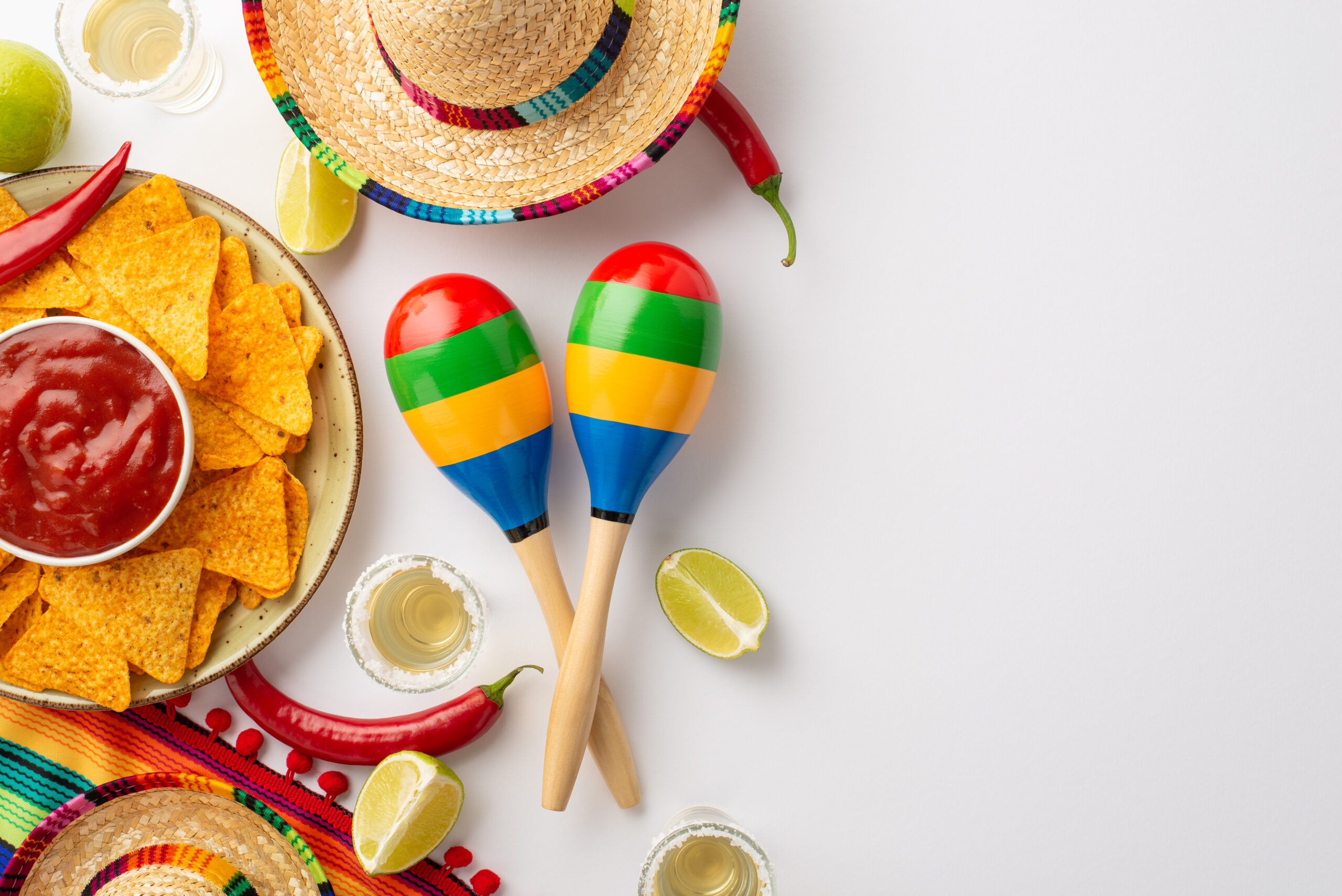 A vibrant Cinco de Mayo-inspired flat lay featuring a sombrero, poncho, maracas, tequila shots, lime, chili peppers, nacho chips, salsa on a bright yellow backdrop