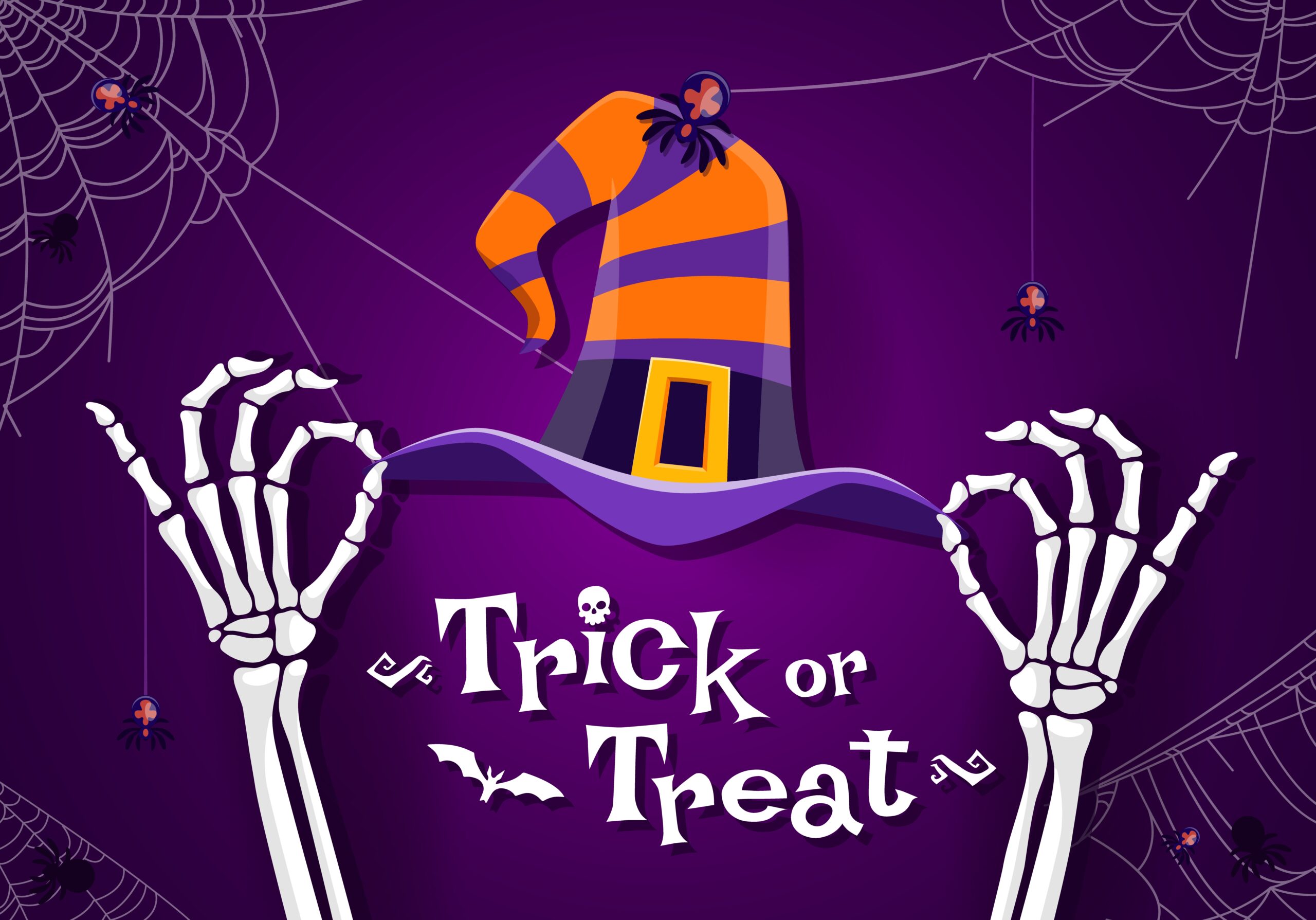 Trick or treat banner with skeleton hands and witch hat. Vector bony fingers emerge from the shadows, gripping mystical striped cap amid intertwined spooky cobwebs, exude haunting spirit of the arcane